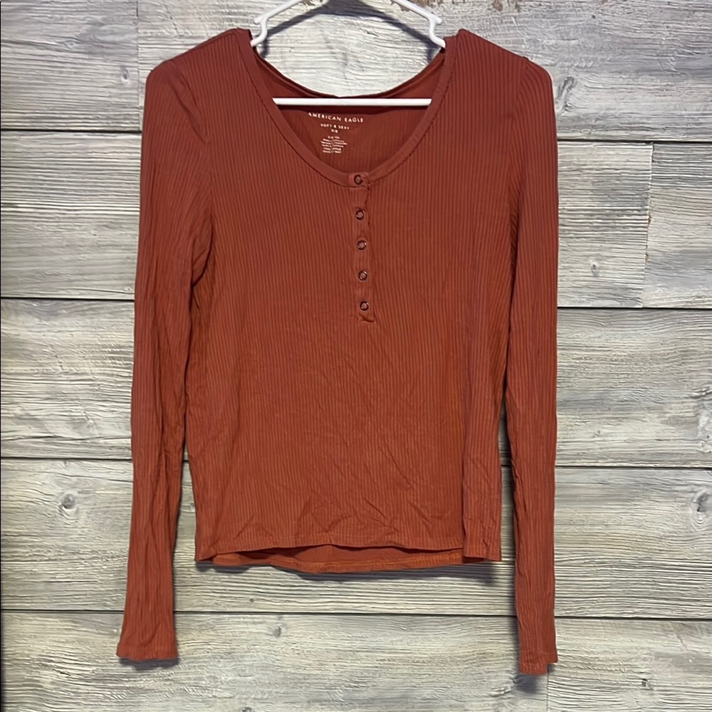 American Eagle Outfitters Brown Fitted Long Sleeve Polo Blouse